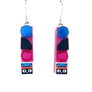 Pink Sporty Kitty Cat Lego Brick Earrings w/ Extra Dots, for Interchangeable Fun